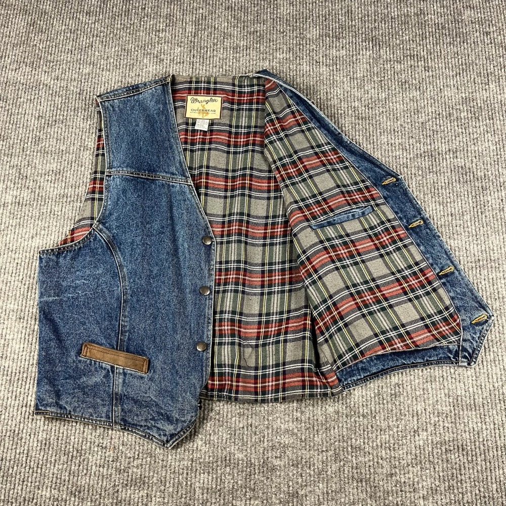 Vtg Y2K Wrangler Denim Vest Mens XXL Plaid Flannel Blanket Lined Western Rodeo